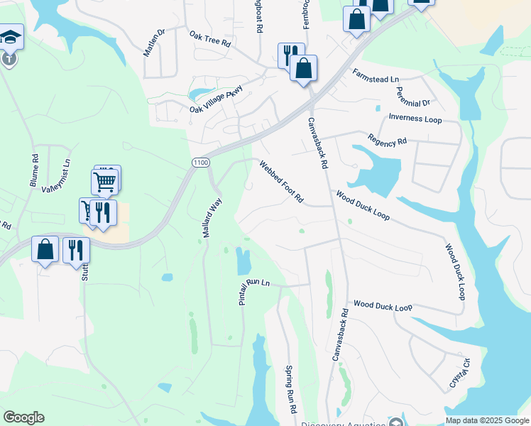 map of restaurants, bars, coffee shops, grocery stores, and more near Bufflehead Drive in Mooresville