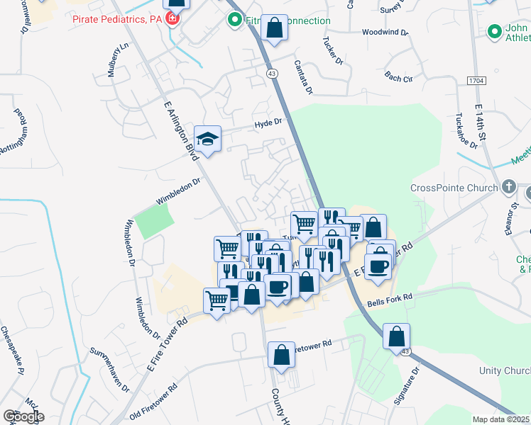 map of restaurants, bars, coffee shops, grocery stores, and more near 1936 Tara Court in Greenville