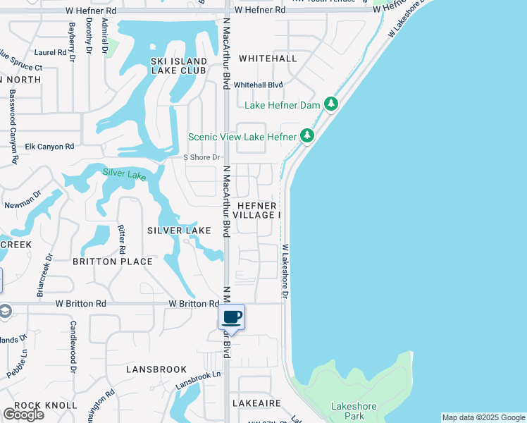 map of restaurants, bars, coffee shops, grocery stores, and more near 9810 Hefner Village Boulevard in Oklahoma City
