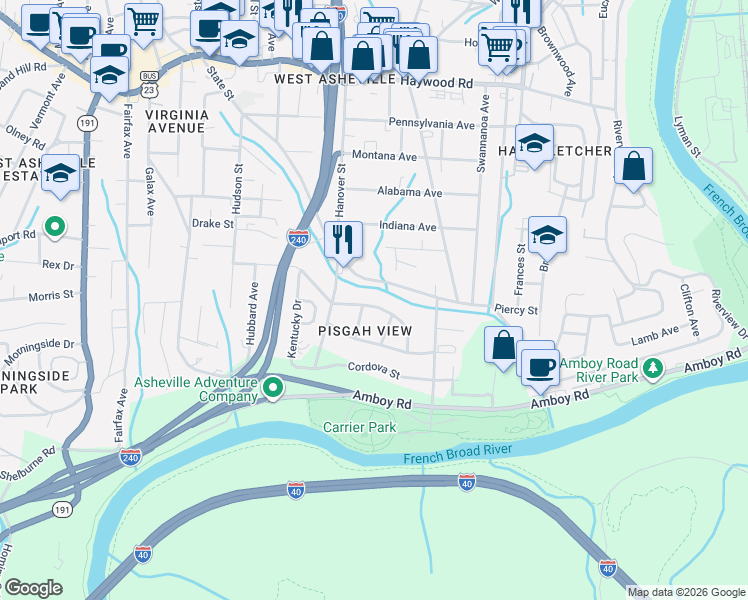 map of restaurants, bars, coffee shops, grocery stores, and more near 60 Stewart Street in Asheville