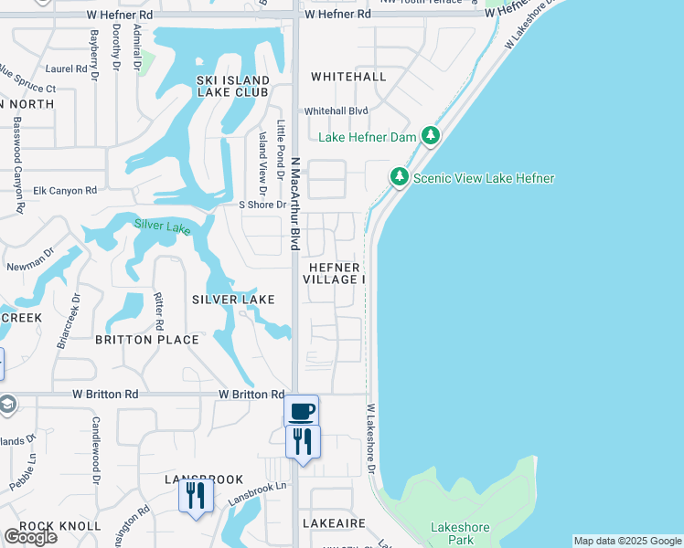 map of restaurants, bars, coffee shops, grocery stores, and more near 9810 Hefner Village Boulevard in Oklahoma City