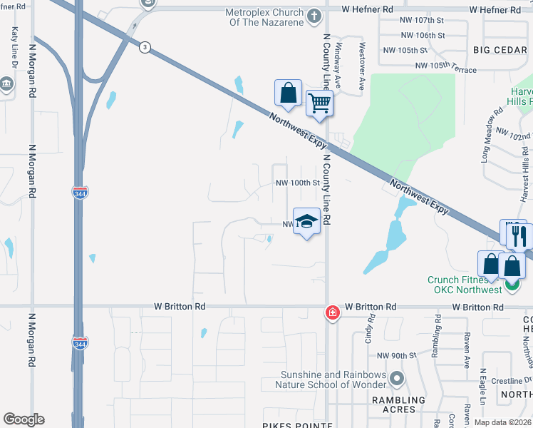 map of restaurants, bars, coffee shops, grocery stores, and more near 9104 Northwest 99th Street in Yukon