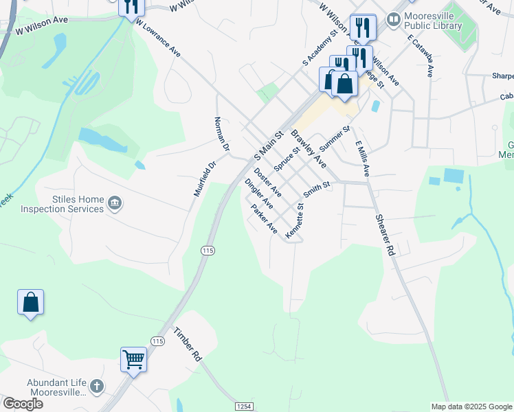 map of restaurants, bars, coffee shops, grocery stores, and more near 220 Parker Avenue in Mooresville