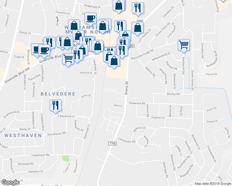 map of restaurants, bars, coffee shops, grocery stores, and more near 3228 Evans Street in Greenville