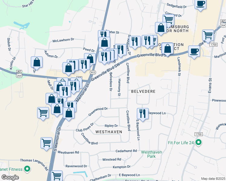 map of restaurants, bars, coffee shops, grocery stores, and more near 213 Belvedere Drive in Greenville