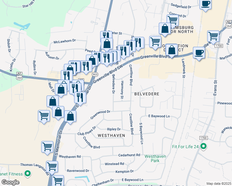 map of restaurants, bars, coffee shops, grocery stores, and more near 213 Belvedere Drive in Greenville