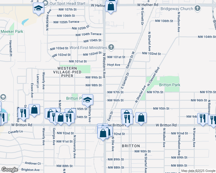 map of restaurants, bars, coffee shops, grocery stores, and more near 9913 North Western Avenue in Oklahoma City