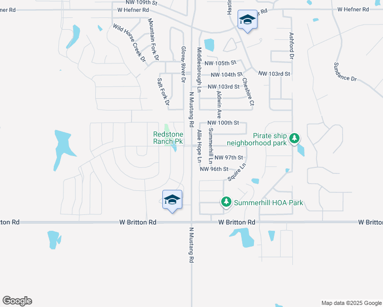 map of restaurants, bars, coffee shops, grocery stores, and more near 9935 North Mustang Road in Yukon