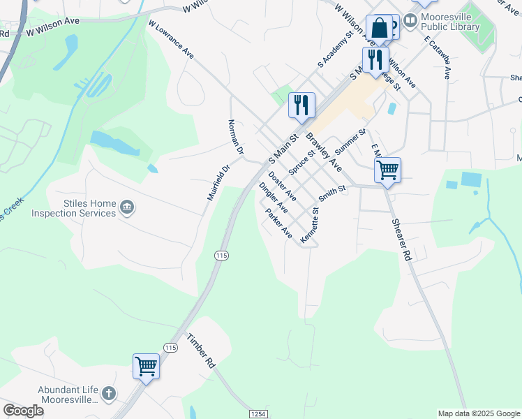 map of restaurants, bars, coffee shops, grocery stores, and more near 207 Parker Avenue in Mooresville