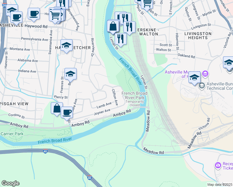 map of restaurants, bars, coffee shops, grocery stores, and more near 453 Riverview Drive in Asheville