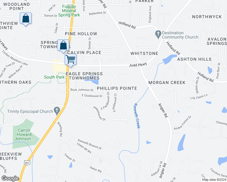 map of restaurants, bars, coffee shops, grocery stores, and more near 1008 South Philwood Court in Fuquay Varina