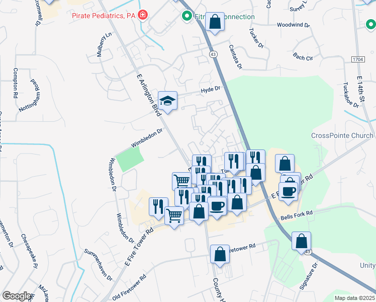map of restaurants, bars, coffee shops, grocery stores, and more near 1905 Covengton Way in Greenville
