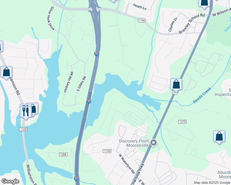 map of restaurants, bars, coffee shops, grocery stores, and more near West Waterlynn Road in Mooresville