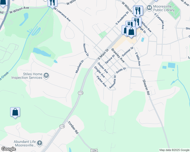 map of restaurants, bars, coffee shops, grocery stores, and more near 207 Parker Avenue in Mooresville