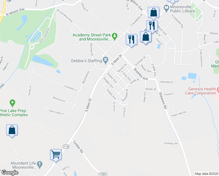 map of restaurants, bars, coffee shops, grocery stores, and more near 829 Summer Street in Mooresville