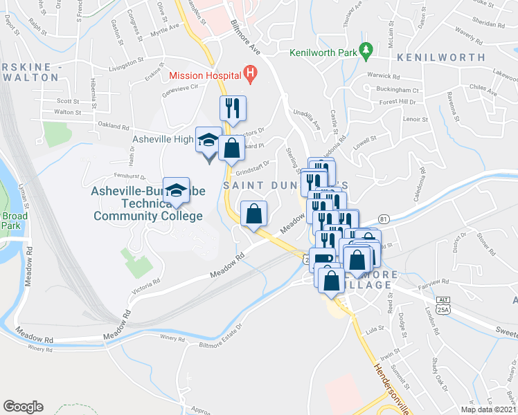 map of restaurants, bars, coffee shops, grocery stores, and more near 13 Saint Dunstans Circle in Asheville