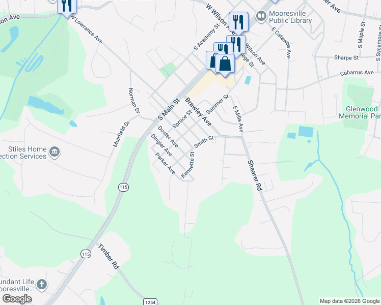 map of restaurants, bars, coffee shops, grocery stores, and more near 325 East Gray Avenue in Mooresville