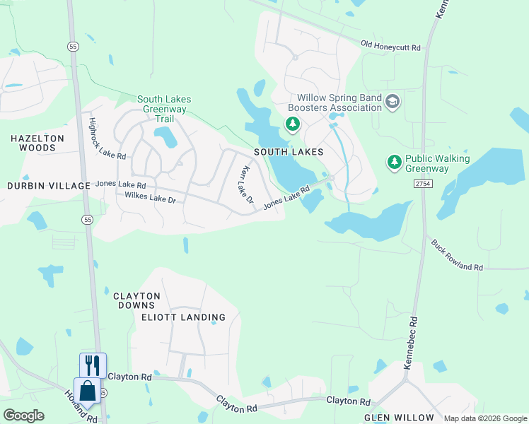 map of restaurants, bars, coffee shops, grocery stores, and more near 3206 Jones Lake Road in Fuquay Varina