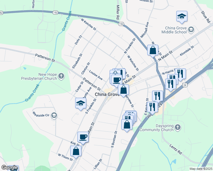 map of restaurants, bars, coffee shops, grocery stores, and more near 203 South Franklin Street in China Grove