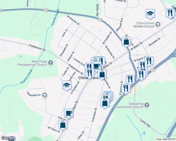 map of restaurants, bars, coffee shops, grocery stores, and more near 203 South Franklin Street in China Grove