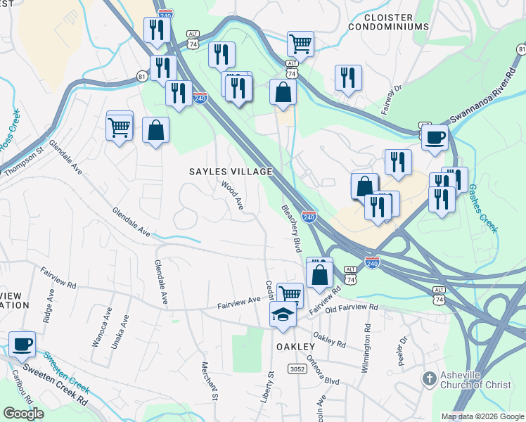 map of restaurants, bars, coffee shops, grocery stores, and more near 48 Ridge Road in Asheville