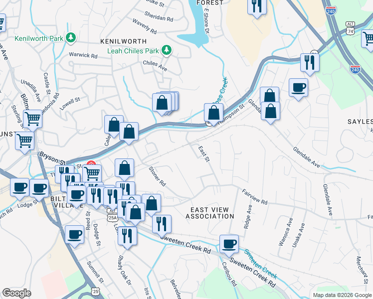 map of restaurants, bars, coffee shops, grocery stores, and more near 92 Thompson Street in Asheville