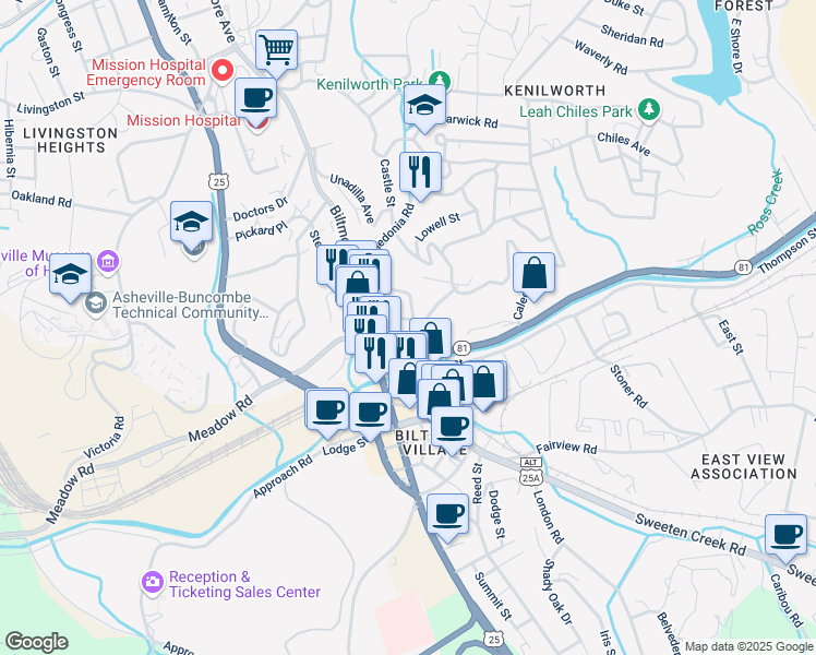 map of restaurants, bars, coffee shops, grocery stores, and more near 18 Finalee Avenue in Asheville