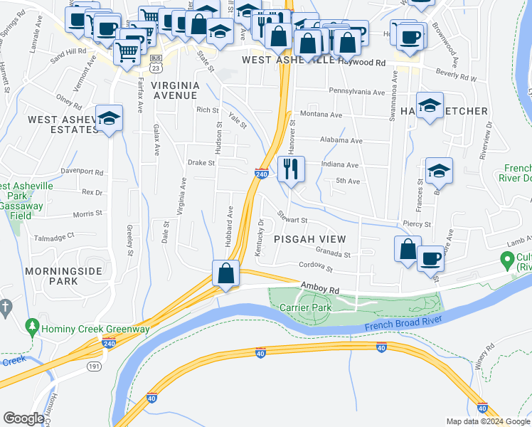 map of restaurants, bars, coffee shops, grocery stores, and more near 82 Stewart Street in Asheville