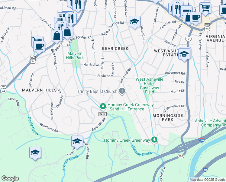 map of restaurants, bars, coffee shops, grocery stores, and more near 355 Sand Hill Road in Asheville