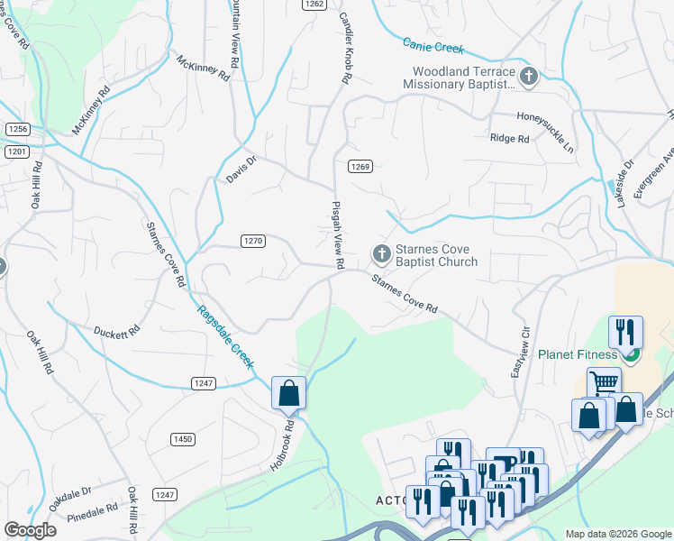 map of restaurants, bars, coffee shops, grocery stores, and more near 9 Old Starnes Cove Road in Asheville