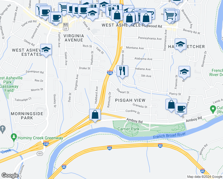 map of restaurants, bars, coffee shops, grocery stores, and more near 82 Stewart Street in Asheville