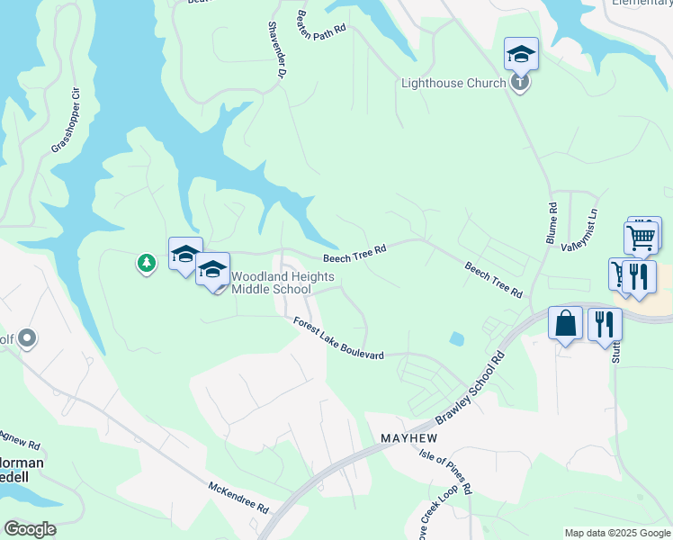 map of restaurants, bars, coffee shops, grocery stores, and more near Cherry Bark Drive in Mooresville