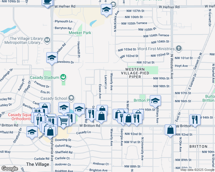 map of restaurants, bars, coffee shops, grocery stores, and more near 9909 Waverly Avenue in The Village
