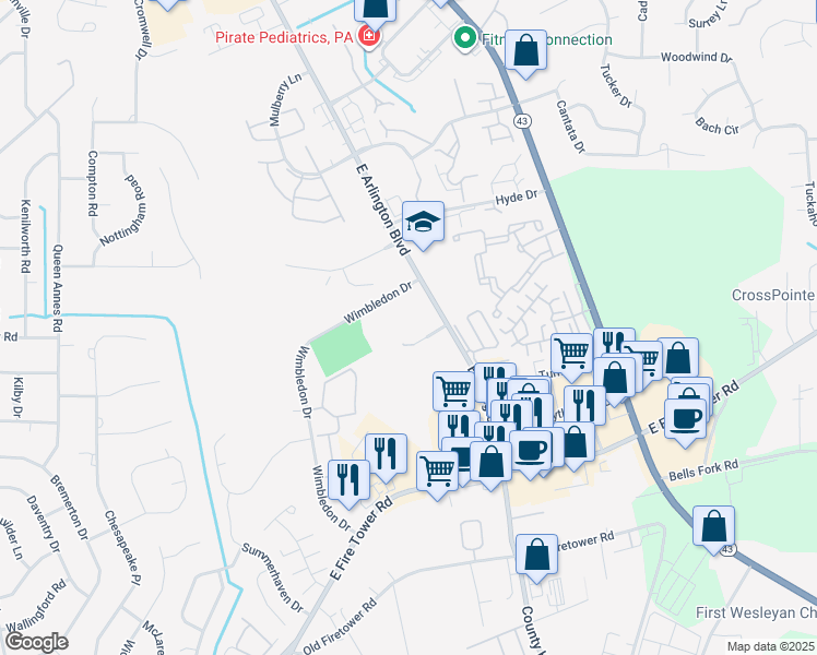 map of restaurants, bars, coffee shops, grocery stores, and more near 1805 Bradford Drive in Greenville