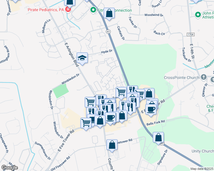 map of restaurants, bars, coffee shops, grocery stores, and more near 1935 Tara Court in Greenville