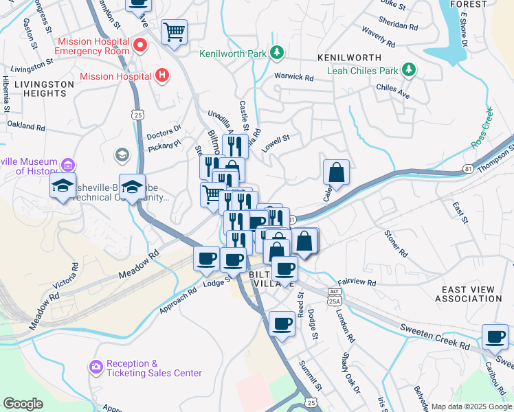 map of restaurants, bars, coffee shops, grocery stores, and more near 18 Finalee Avenue in Asheville