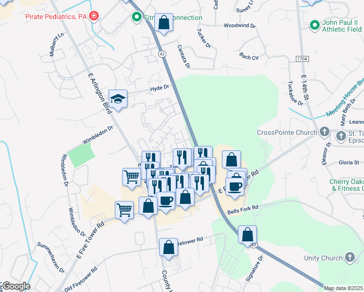 map of restaurants, bars, coffee shops, grocery stores, and more near 1946 Tara Court in Greenville