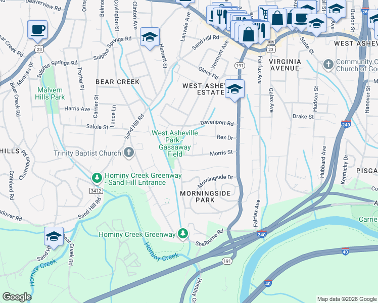 map of restaurants, bars, coffee shops, grocery stores, and more near 2 Morris Place in Asheville