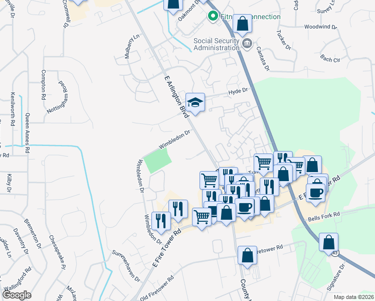 map of restaurants, bars, coffee shops, grocery stores, and more near 1692 East Arlington Boulevard in Greenville
