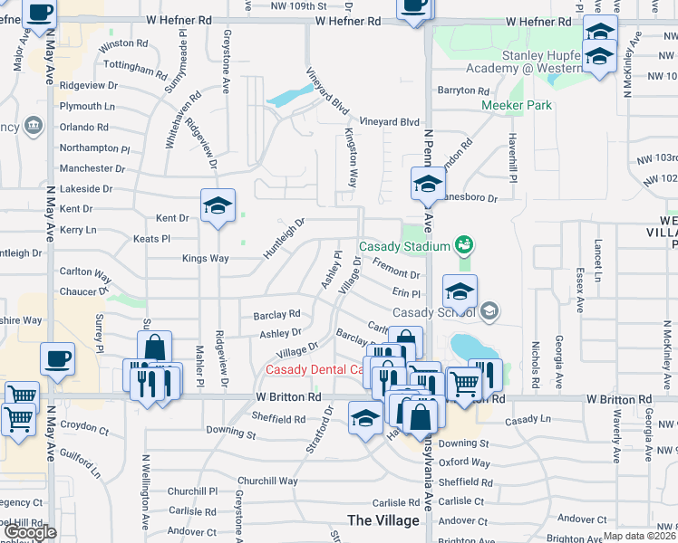map of restaurants, bars, coffee shops, grocery stores, and more near 9905 Ashley Place in The Village
