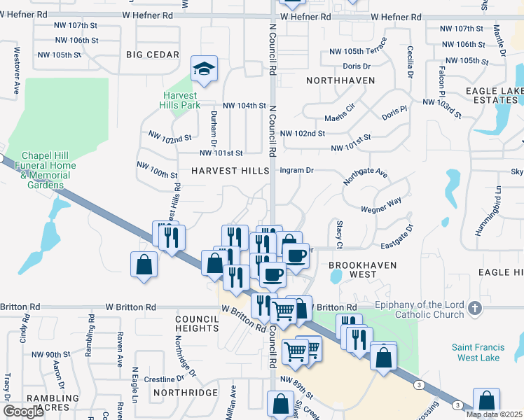 map of restaurants, bars, coffee shops, grocery stores, and more near 9777 North Council Road in Oklahoma City