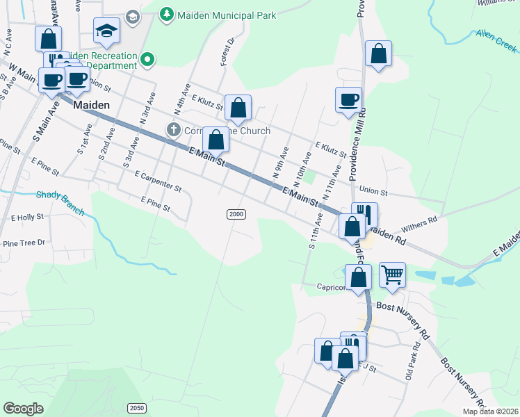 map of restaurants, bars, coffee shops, grocery stores, and more near 814 East Boyd Street in Maiden