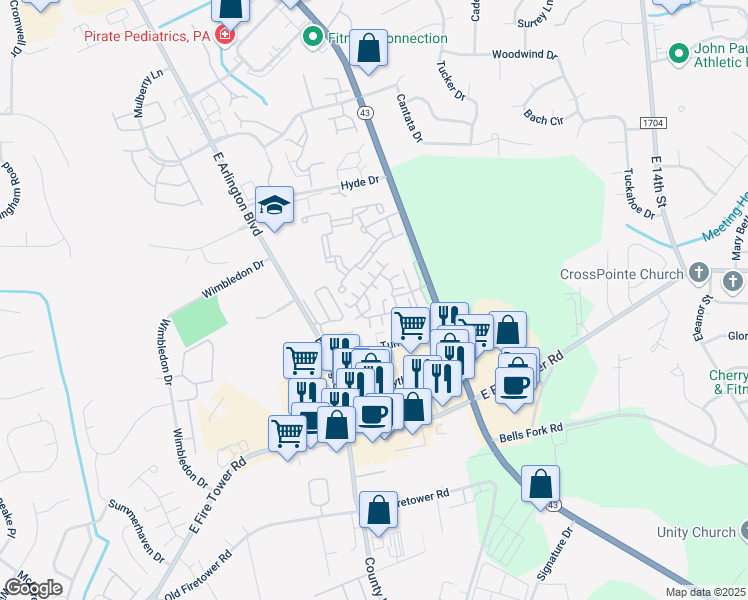 map of restaurants, bars, coffee shops, grocery stores, and more near 1391 Tara Court in Greenville