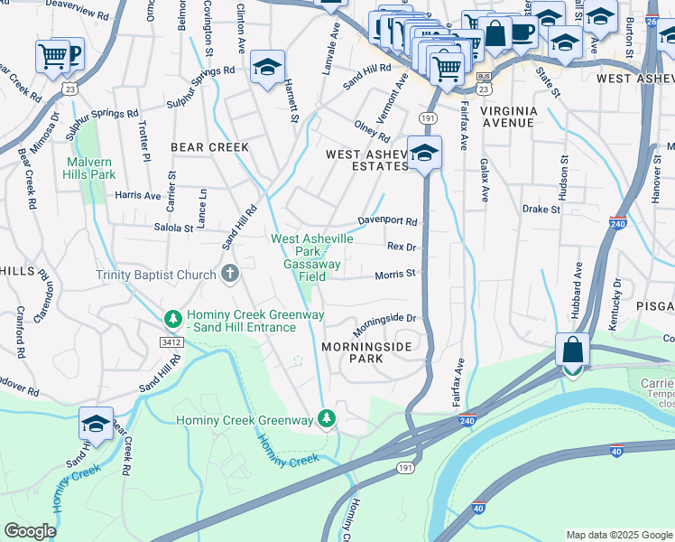 map of restaurants, bars, coffee shops, grocery stores, and more near 2 Morris Place in Asheville