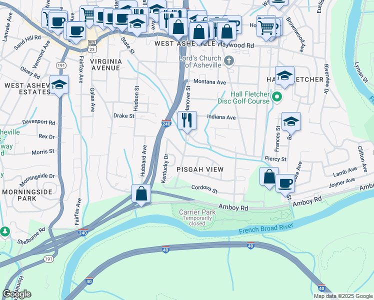 map of restaurants, bars, coffee shops, grocery stores, and more near 216 Hanover Street in Asheville