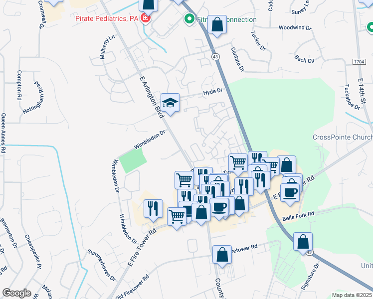 map of restaurants, bars, coffee shops, grocery stores, and more near 1909 Covengton Way in Greenville