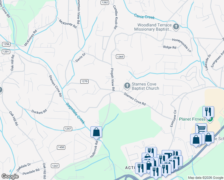 map of restaurants, bars, coffee shops, grocery stores, and more near 9 Old Starnes Cove Road in Asheville