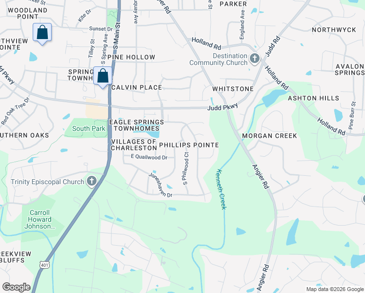 map of restaurants, bars, coffee shops, grocery stores, and more near 1004 South Philwood Court in Fuquay-Varina