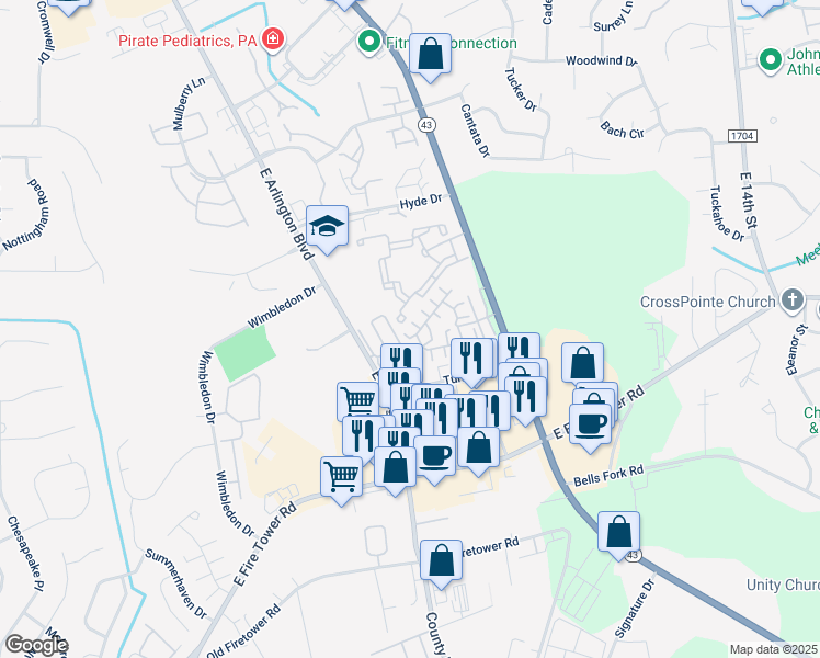 map of restaurants, bars, coffee shops, grocery stores, and more near 1934 Tara Court in Greenville