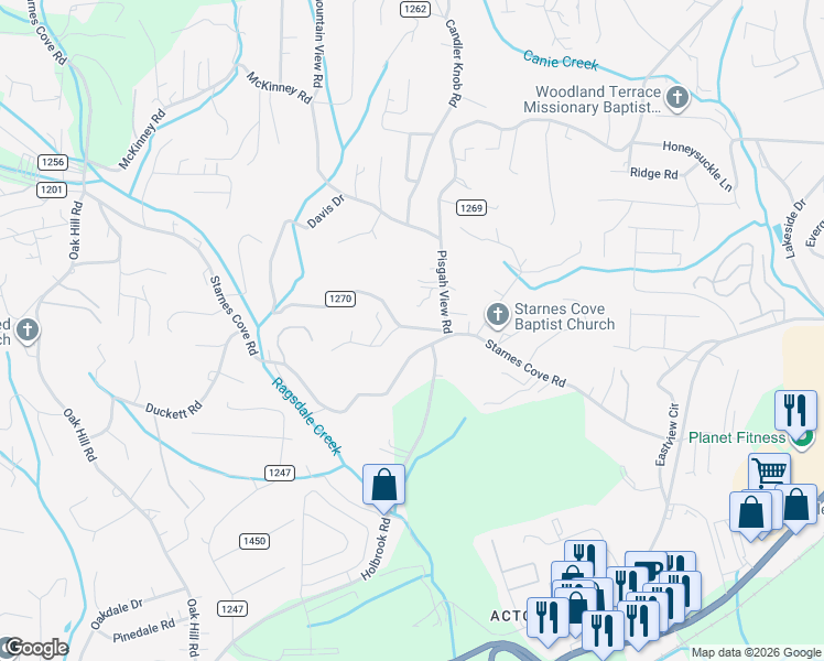 map of restaurants, bars, coffee shops, grocery stores, and more near 9 Old Starnes Cove Road in Asheville